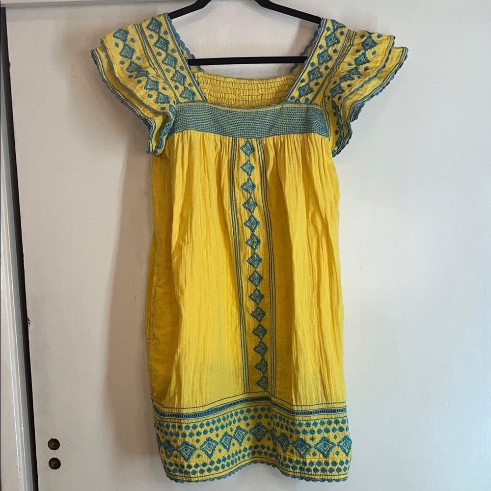 Source Unknown Yellow and Blue Mini Dress with embroidery size small
